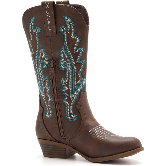 ⚡Girls Kids Brown Western Boots Embroidered Cowgirl Mid Calf Riding Shoes - Picture 3 of 7